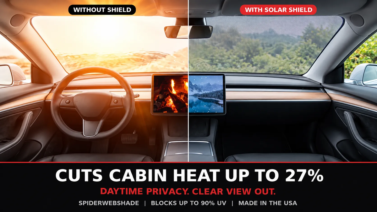 Tesla interior comparison graphic - Solar Shield cuts cabin heat up to 27% | Spider Web Shade