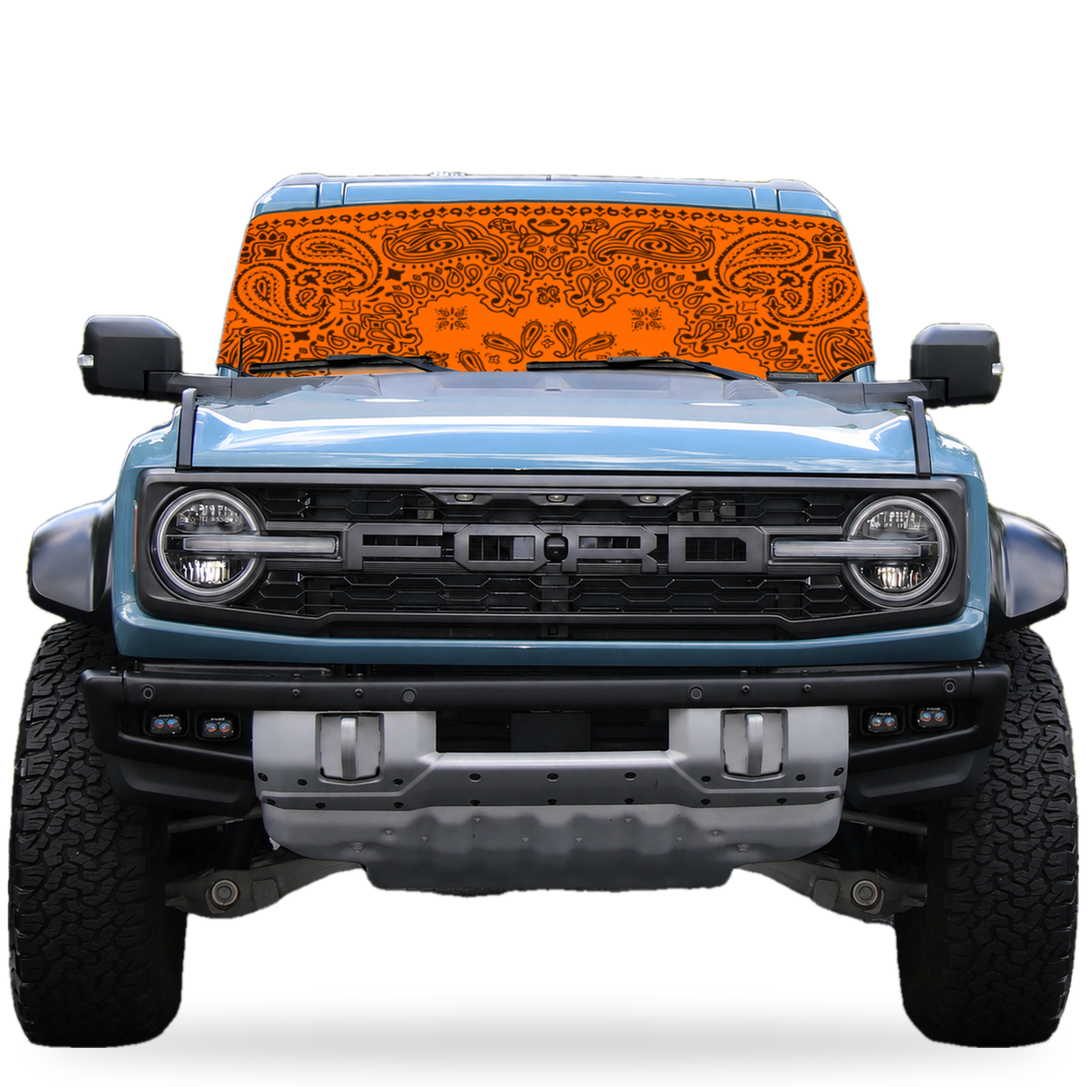 Ford Bronco front view with orange bandana print Solar Shield on windshield | Spider Web Shade