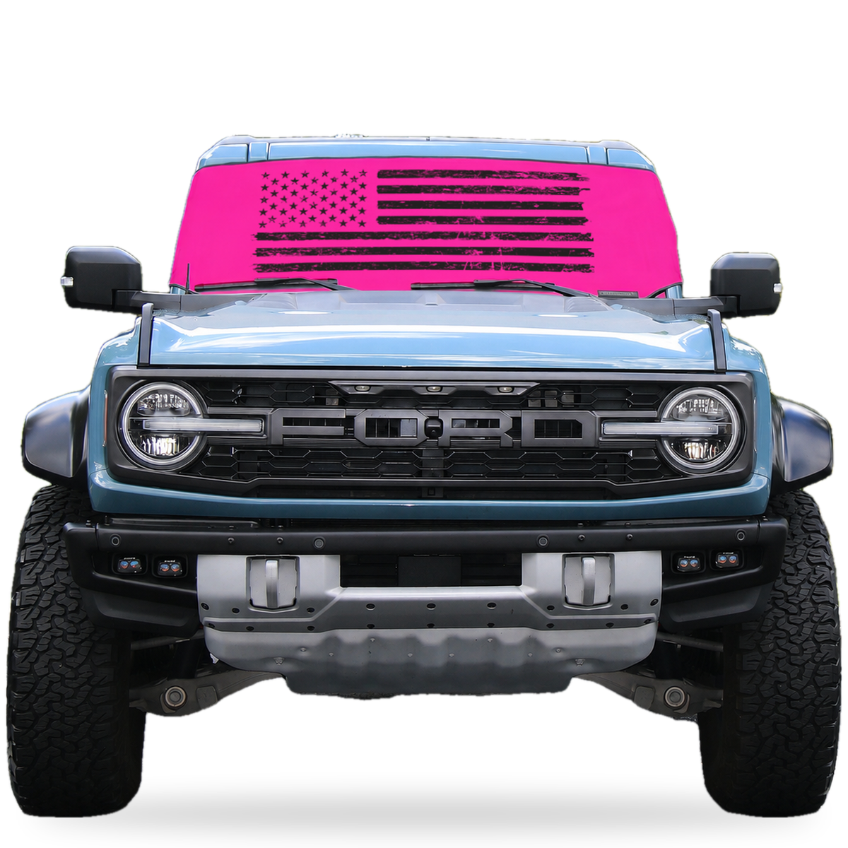 Ford Bronco front view with pink distressed American flag Solar Shield on windshield | Spider Web Shade