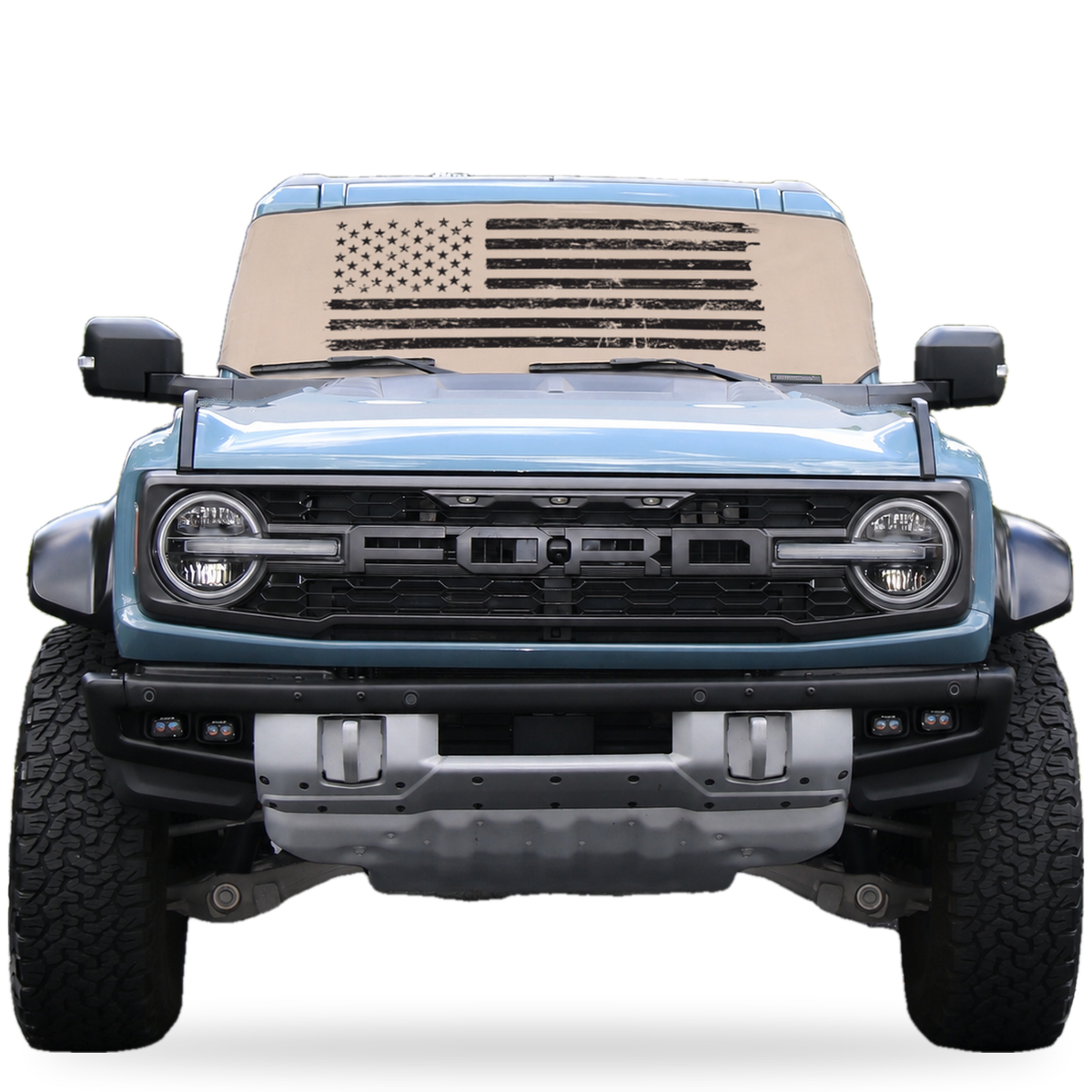 Ford Bronco front view with tan distressed American flag Solar Shield on windshield | Spider Web Shade