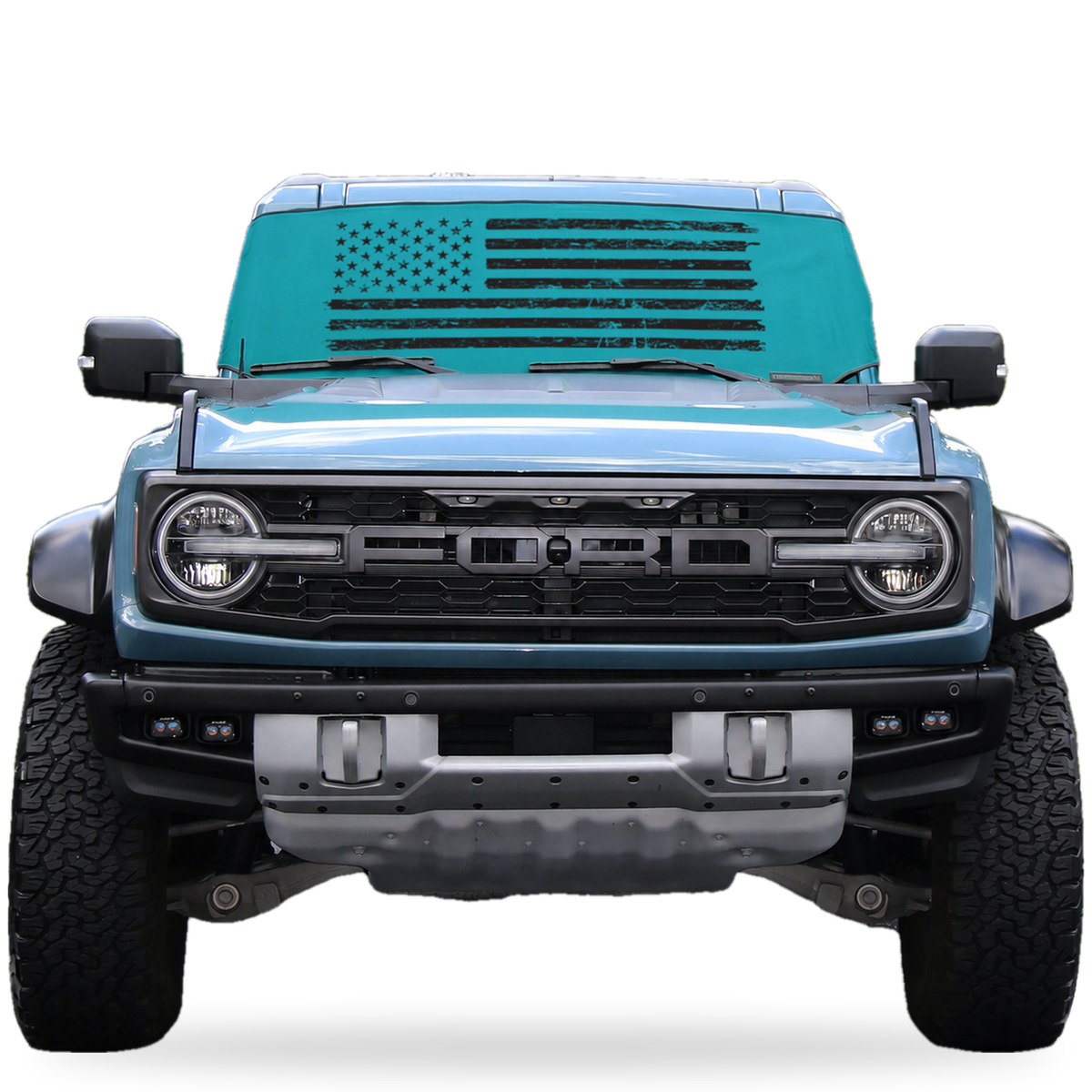 Ford Bronco front view with teal distressed American flag Solar Shield on windshield | Spider Web Shade