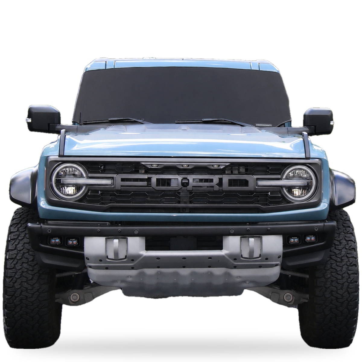 Black Spider Web Shade Solar Shield on Ford Bronco windshield, front view, custom fit Ford Bronco 2021-2027 sun shade