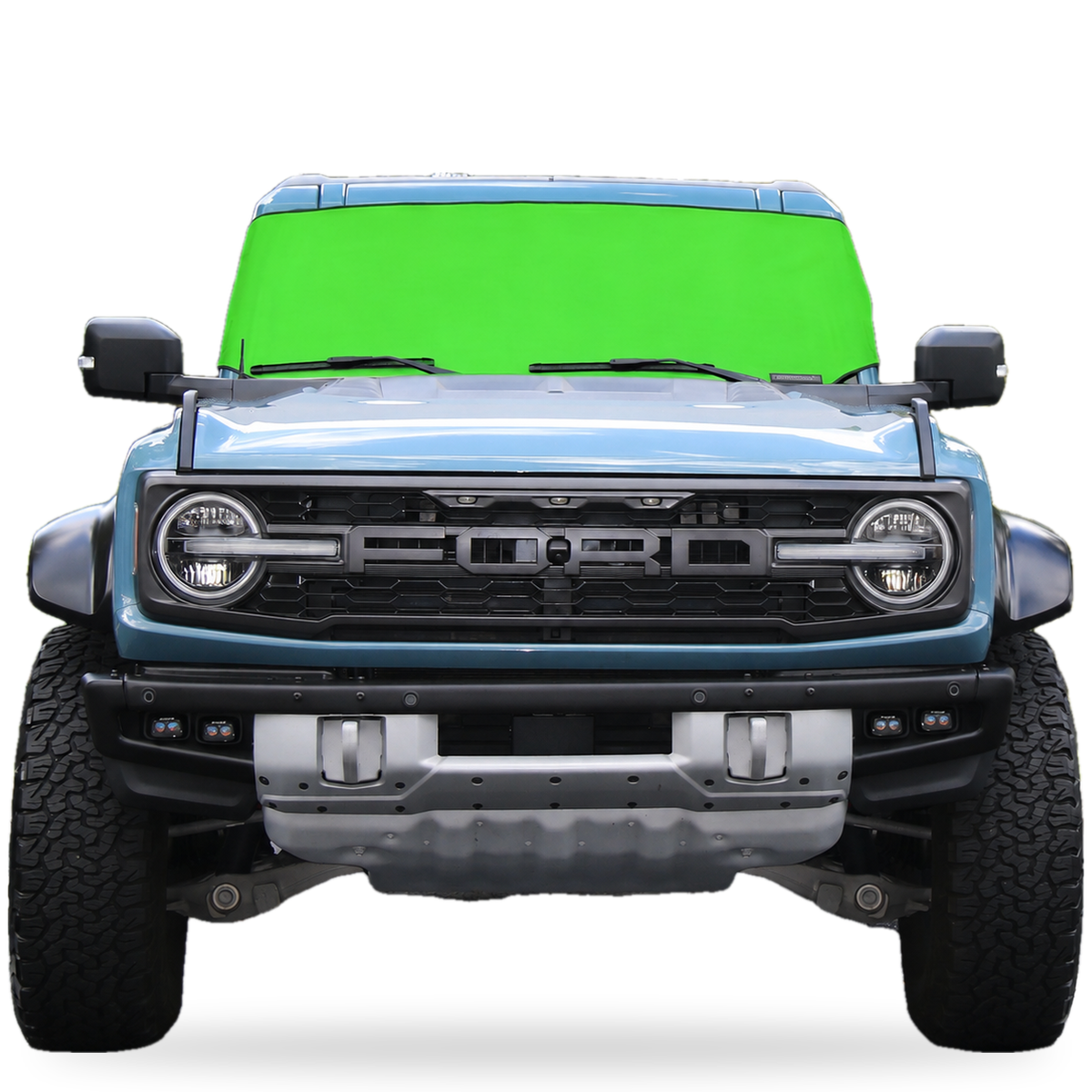 Lime Green Spider Web Shade Solar Shield on Ford Bronco windshield, front view, custom fit Ford Bronco 2021-2027 sun shade