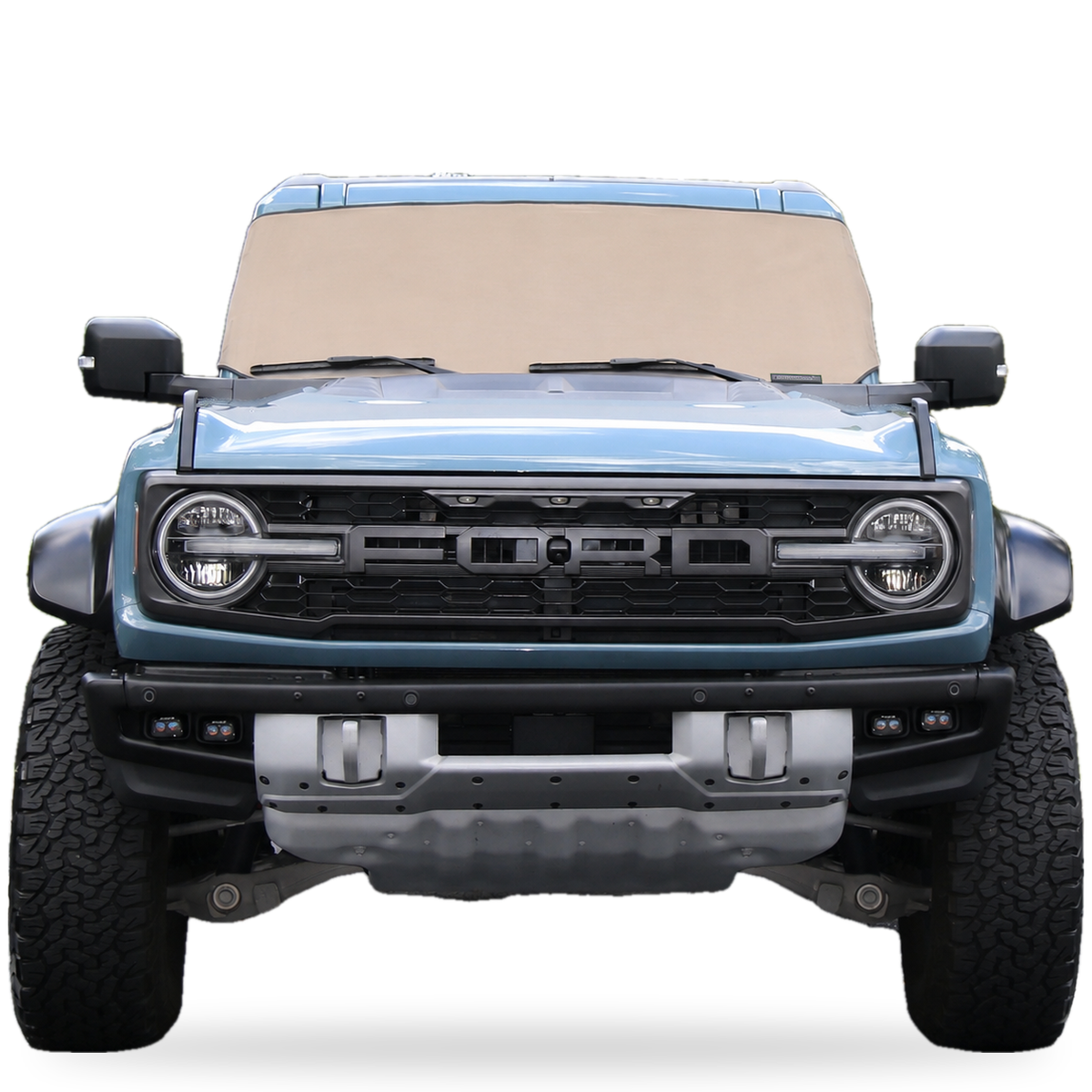Tan Spider Web Shade Solar Shield on Ford Bronco windshield, front view, custom fit Ford Bronco 2021-2027 sun shade