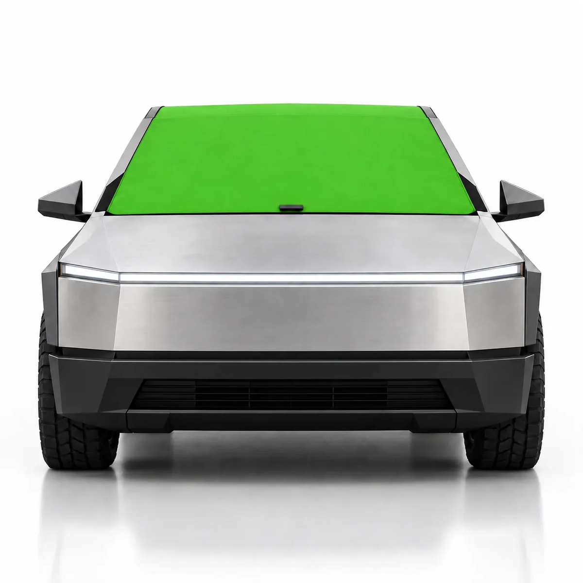 Front view of silver Tesla Cybertruck with green solid color Solar Shield on windshield | Spider Web Shade