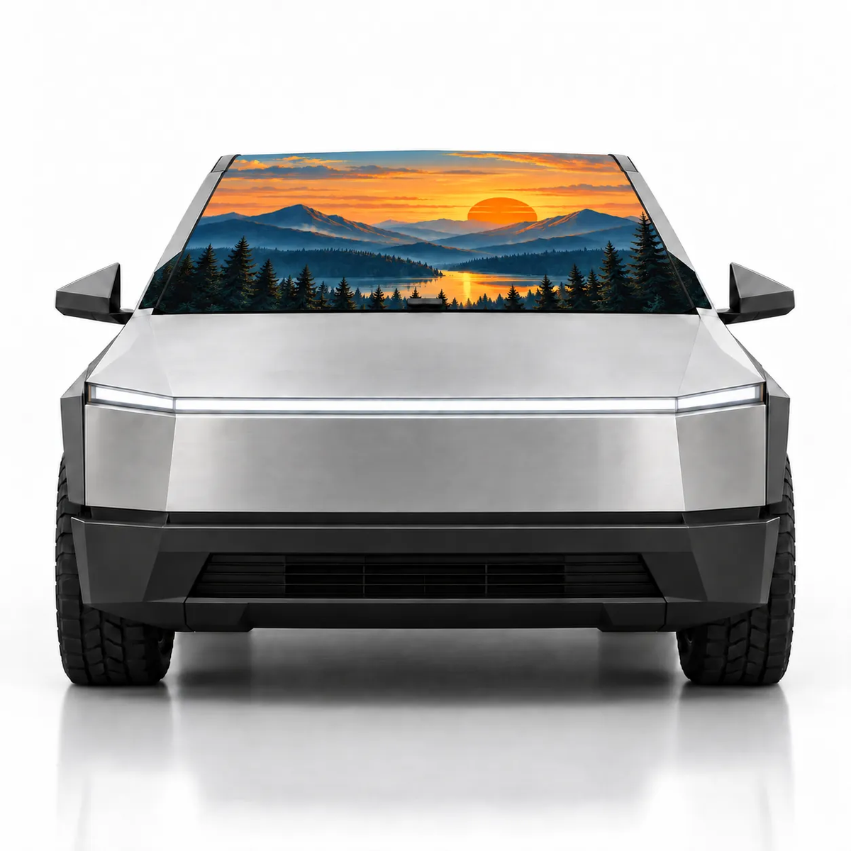 Front view of silver Tesla Cybertruck with Mountain Sunset print (mountains and lake at sunset) Solar Shield on windshield | Spider Web Shade