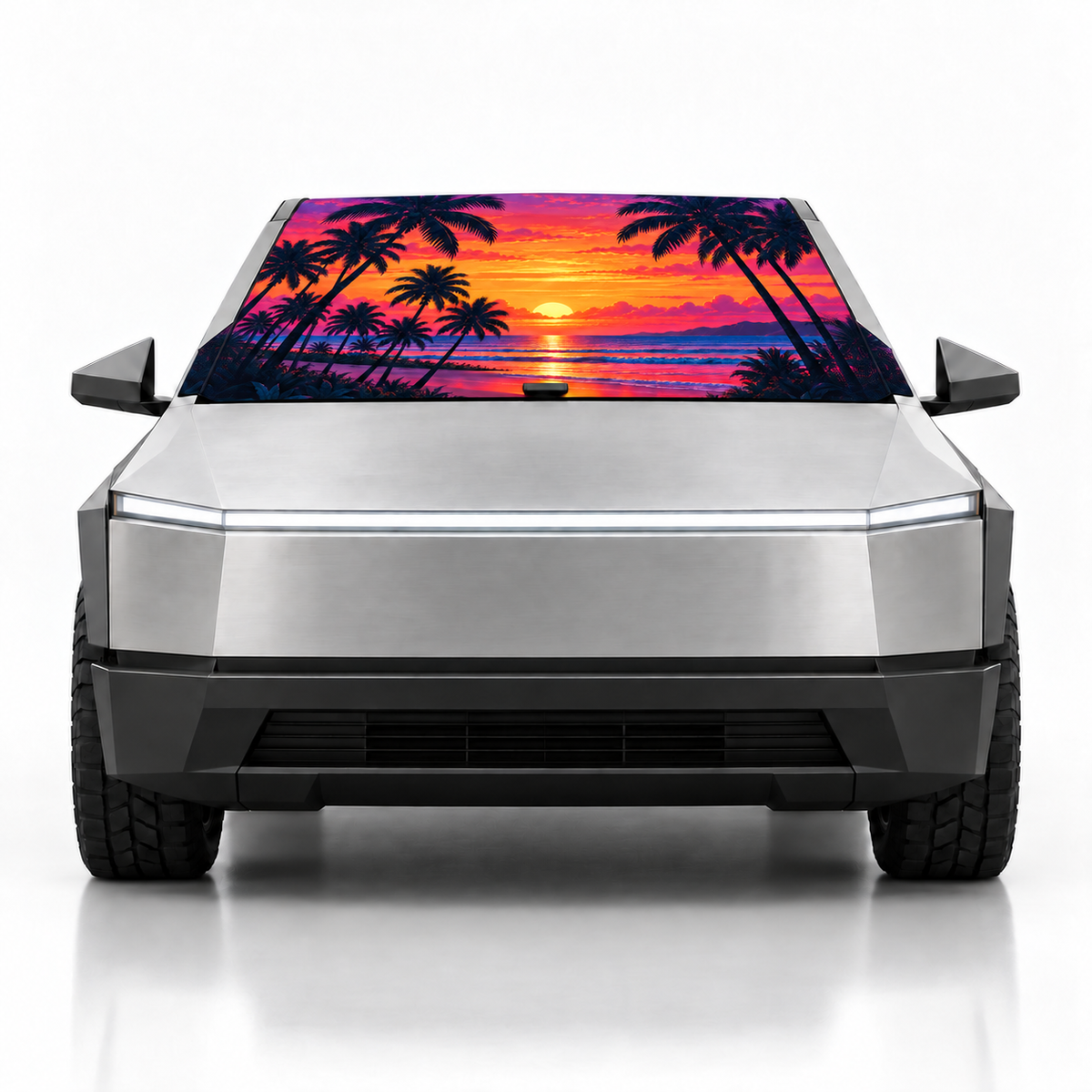 Front view of silver Tesla Cybertruck with Paradise Sunset print (palm trees at sunset) Solar Shield on windshield | Spider Web Shade