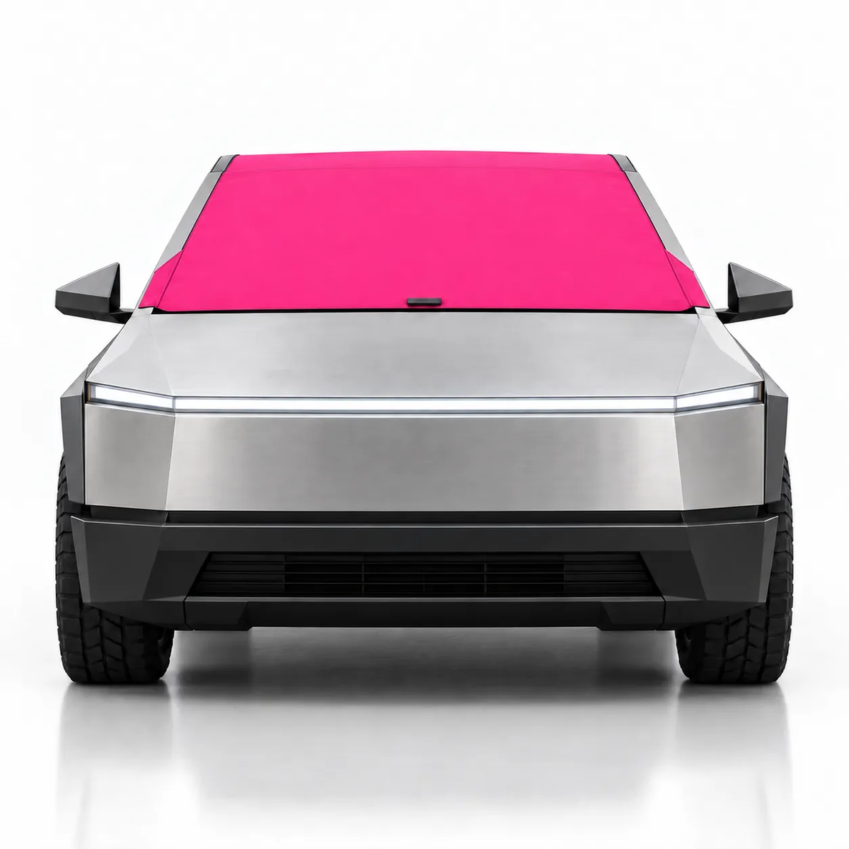 Front view of silver Tesla Cybertruck with pink solid color Solar Shield on windshield | Spider Web Shade