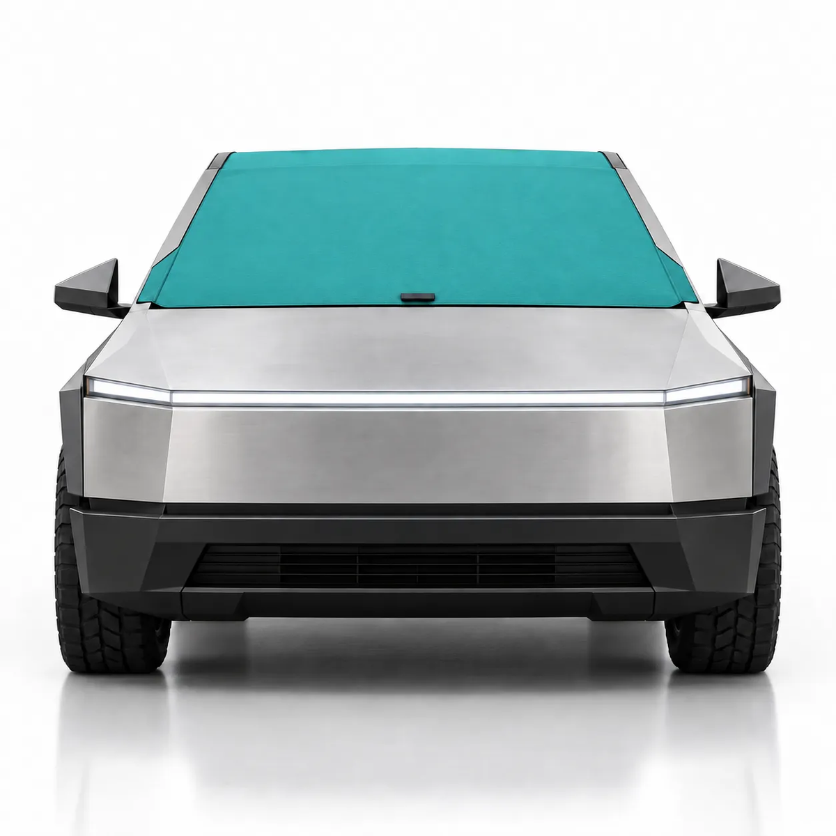 Front view of silver Tesla Cybertruck with teal solid color Solar Shield on windshield | Spider Web Shade