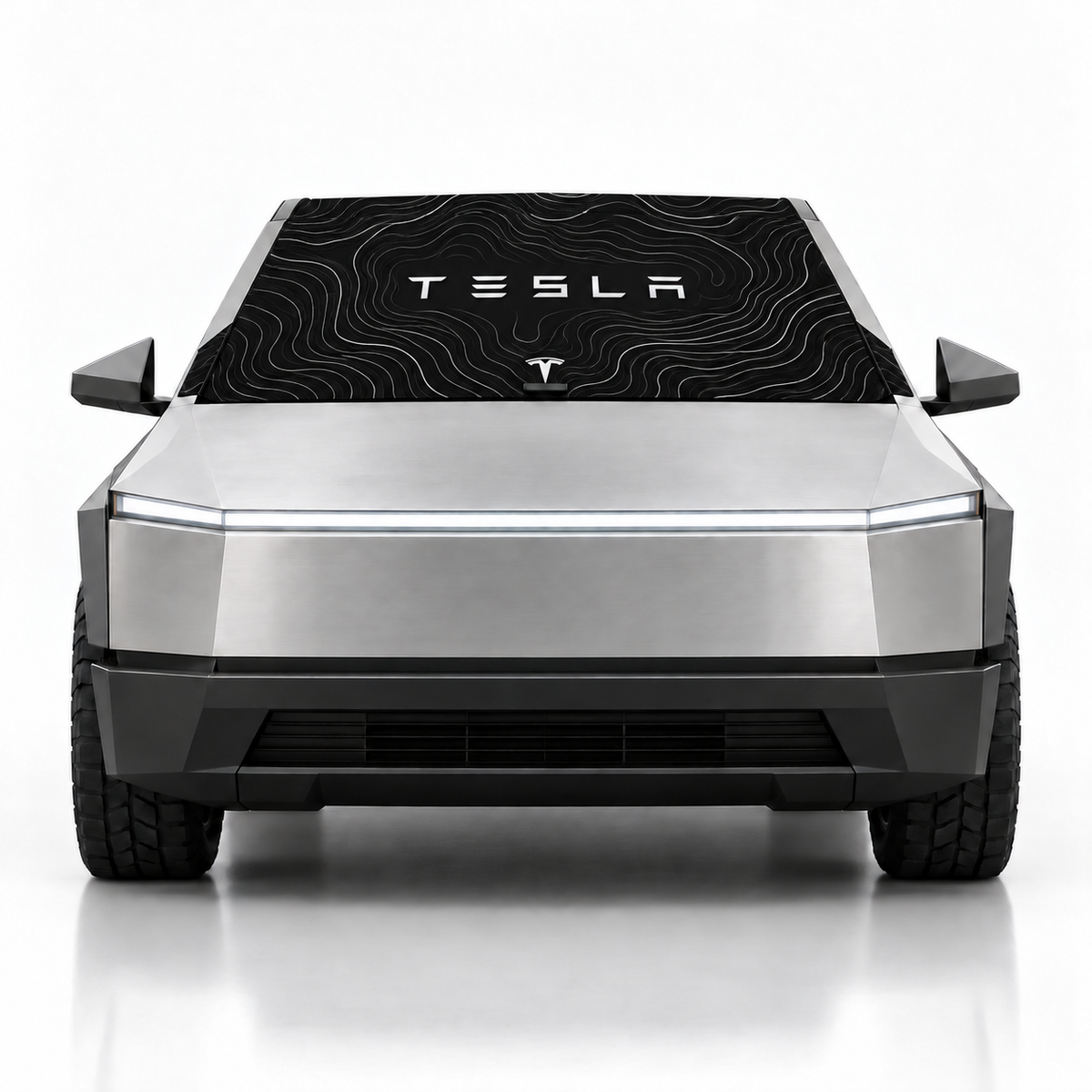 Front view of silver Tesla Cybertruck with Tesla Topo Edition print (black topographic pattern with Tesla wordmark) Solar Shield on windshield | Spider Web Shade