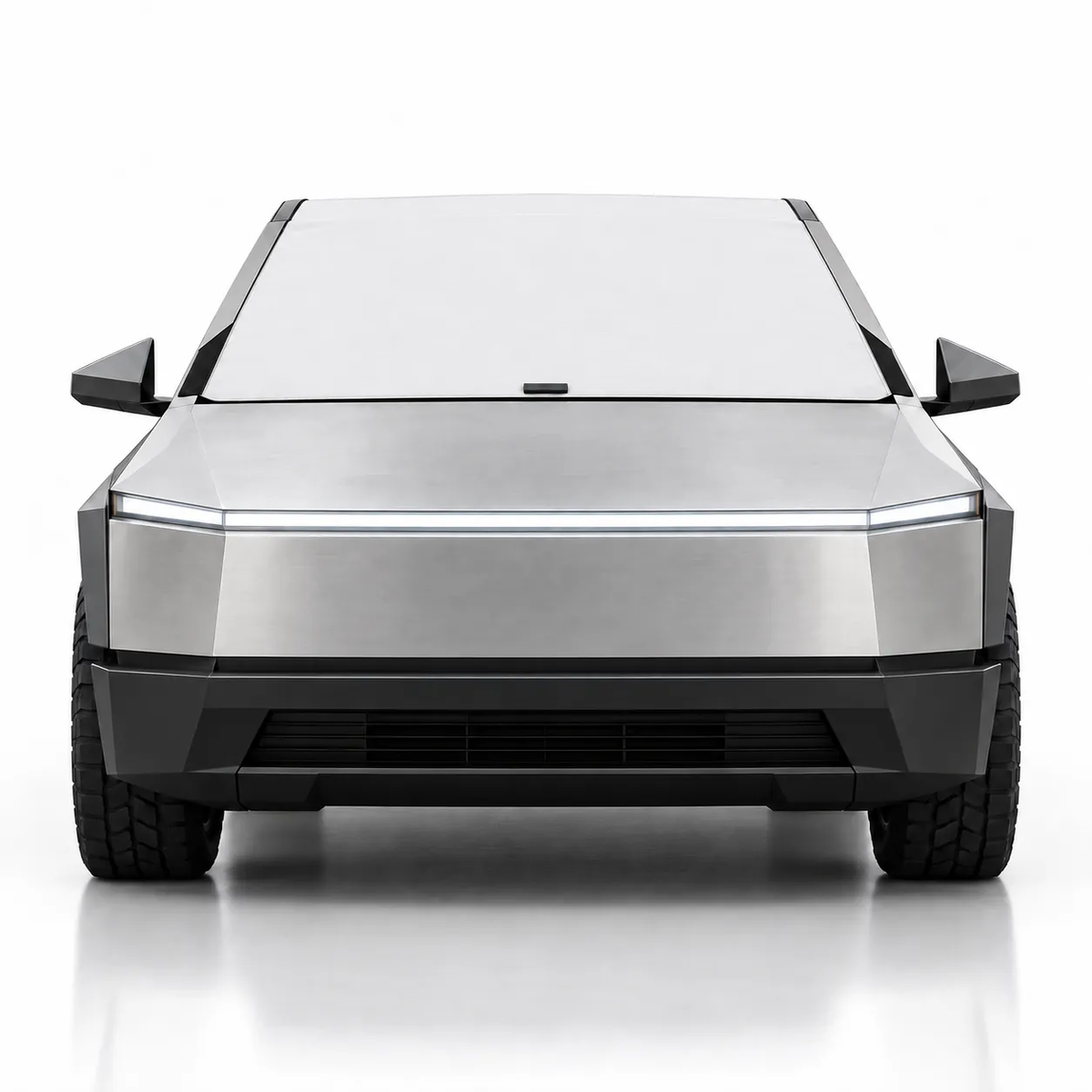 Front view of silver Tesla Cybertruck with white solid color Solar Shield on windshield | Spider Web Shade