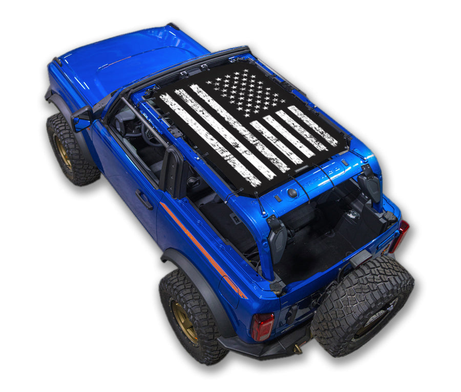 SPIDERWEBSHADE Ford Bronco Tactical Flag mesh sun shade – Distressed, 2-Door, Black