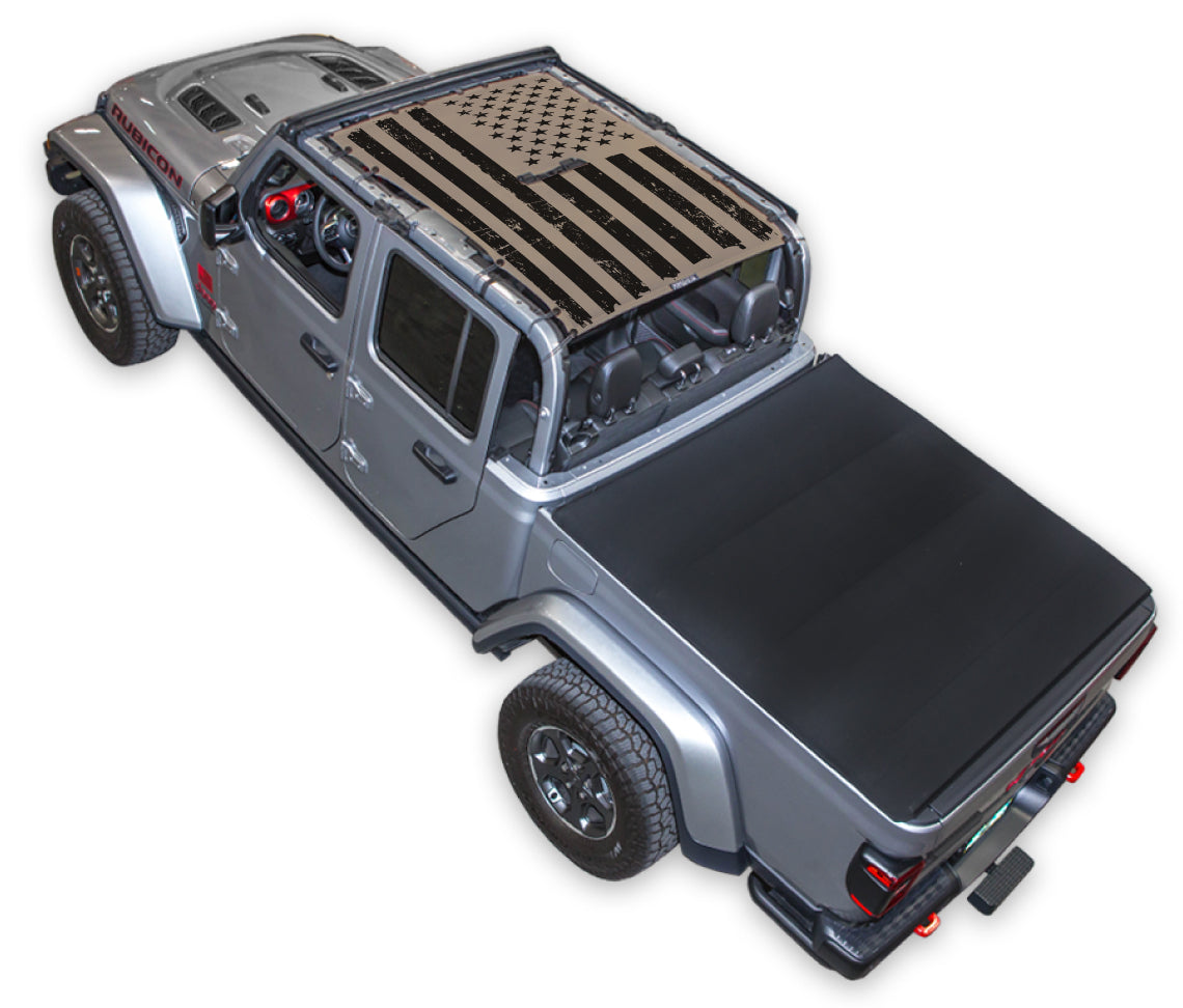 SPIDERWEBSHADE Jeep Gladiator JT Tactical Flag mesh sun shade – Distressed, Full-Shade, Tan