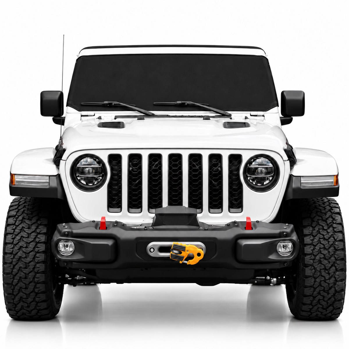 White Jeep Wrangler front view with black solid color Solar Shield on windshield | Spider Web Shade