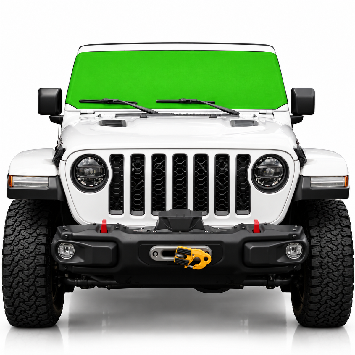 White Jeep Wrangler front view with green solid color Solar Shield on windshield | Spider Web Shade
