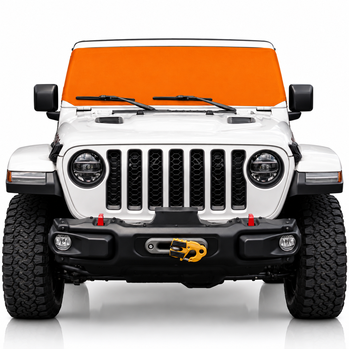 White Jeep Wrangler front view with orange solid color Solar Shield on windshield | Spider Web Shade