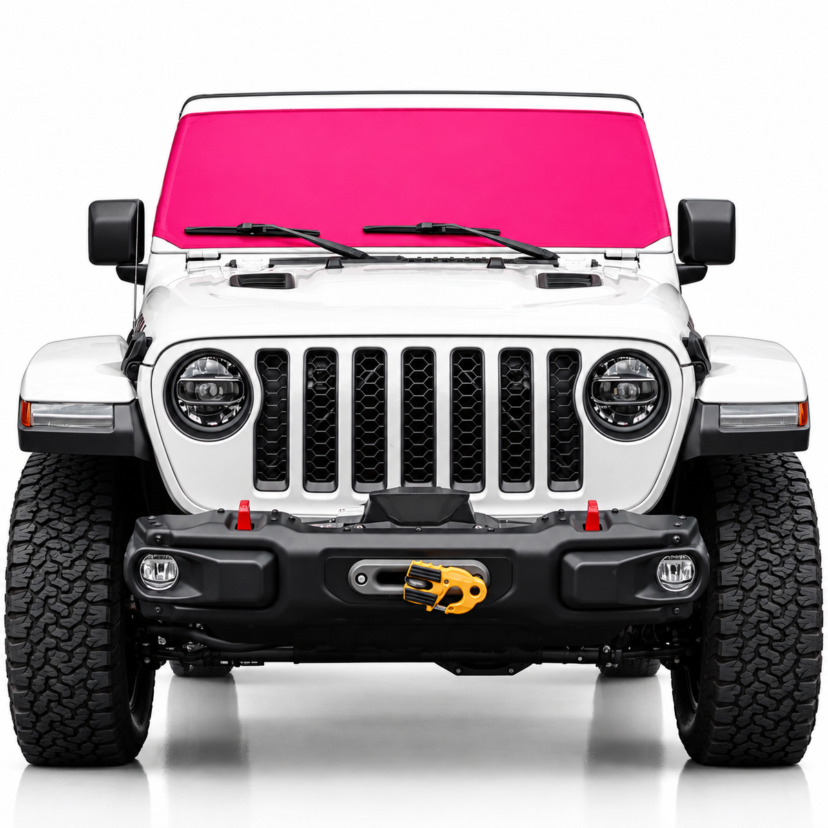 White Jeep Wrangler front view with pink solid color Solar Shield on windshield | Spider Web Shade