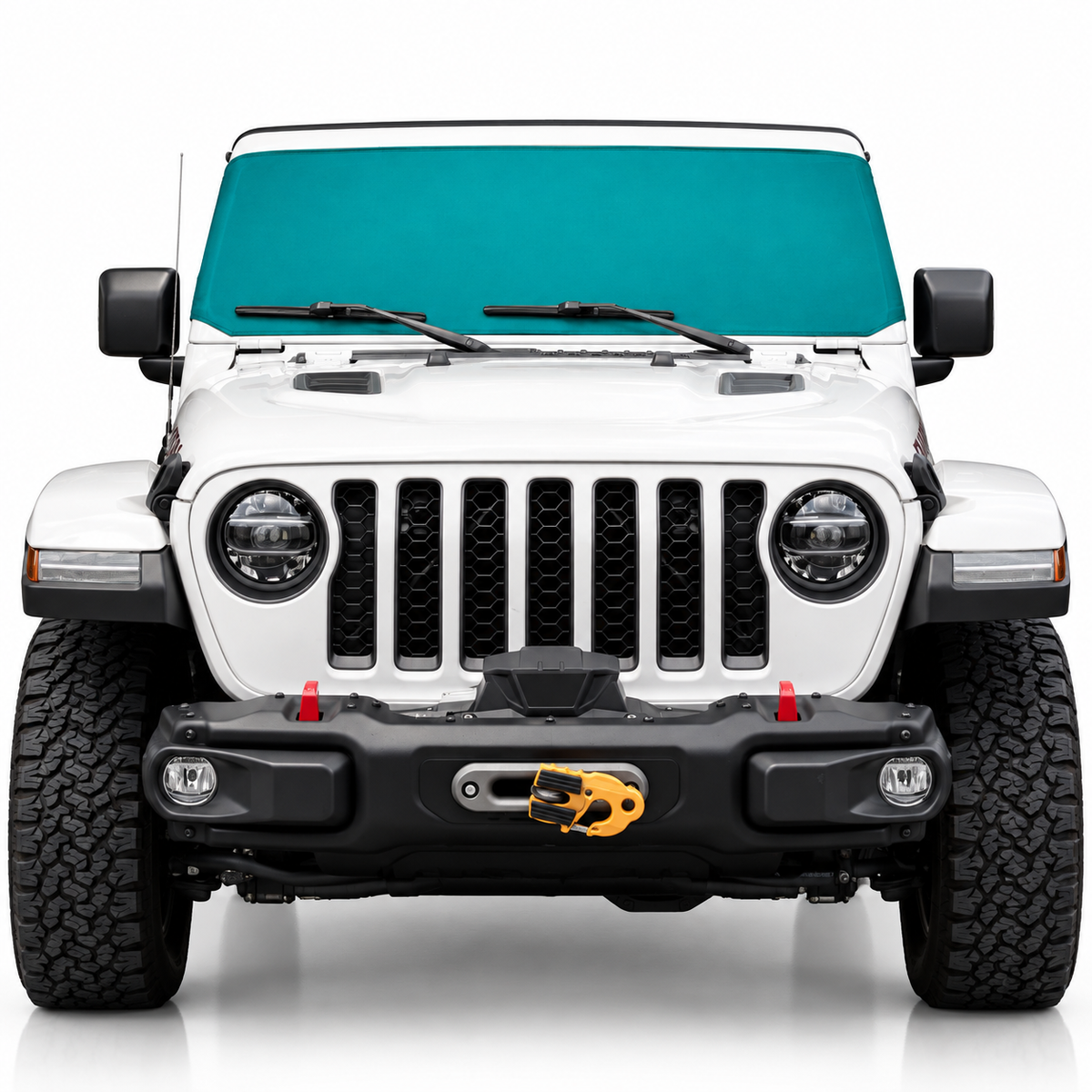 White Jeep Wrangler front view with teal solid color Solar Shield on windshield | Spider Web Shade