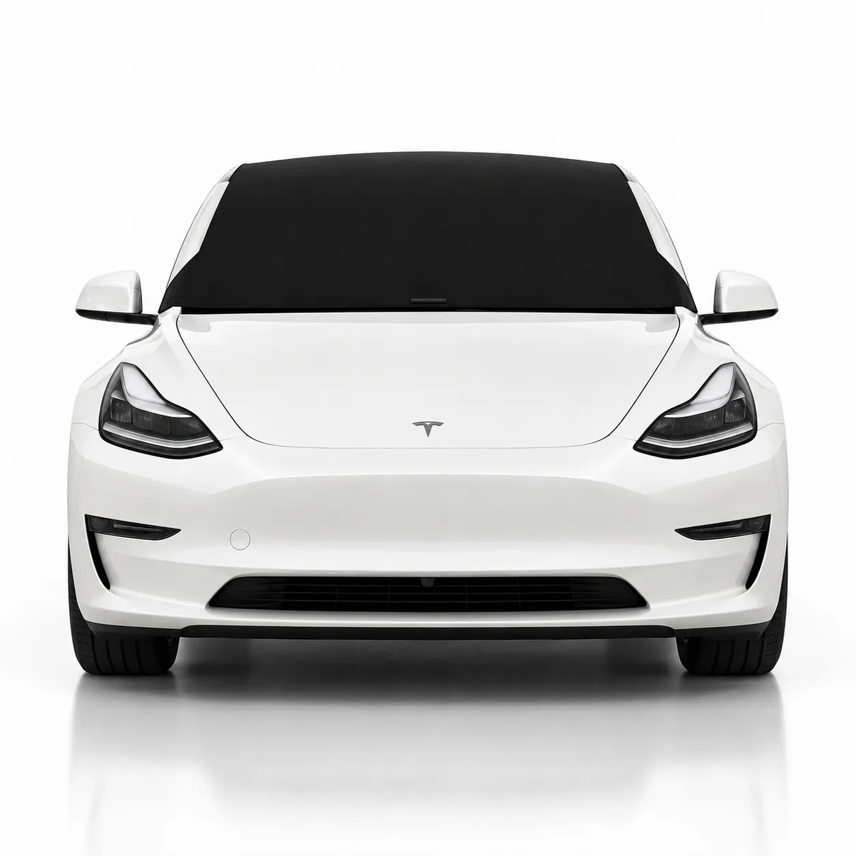 Front view of white Tesla Model 3 with black solid color Solar Shield on windshield | Spider Web Shade