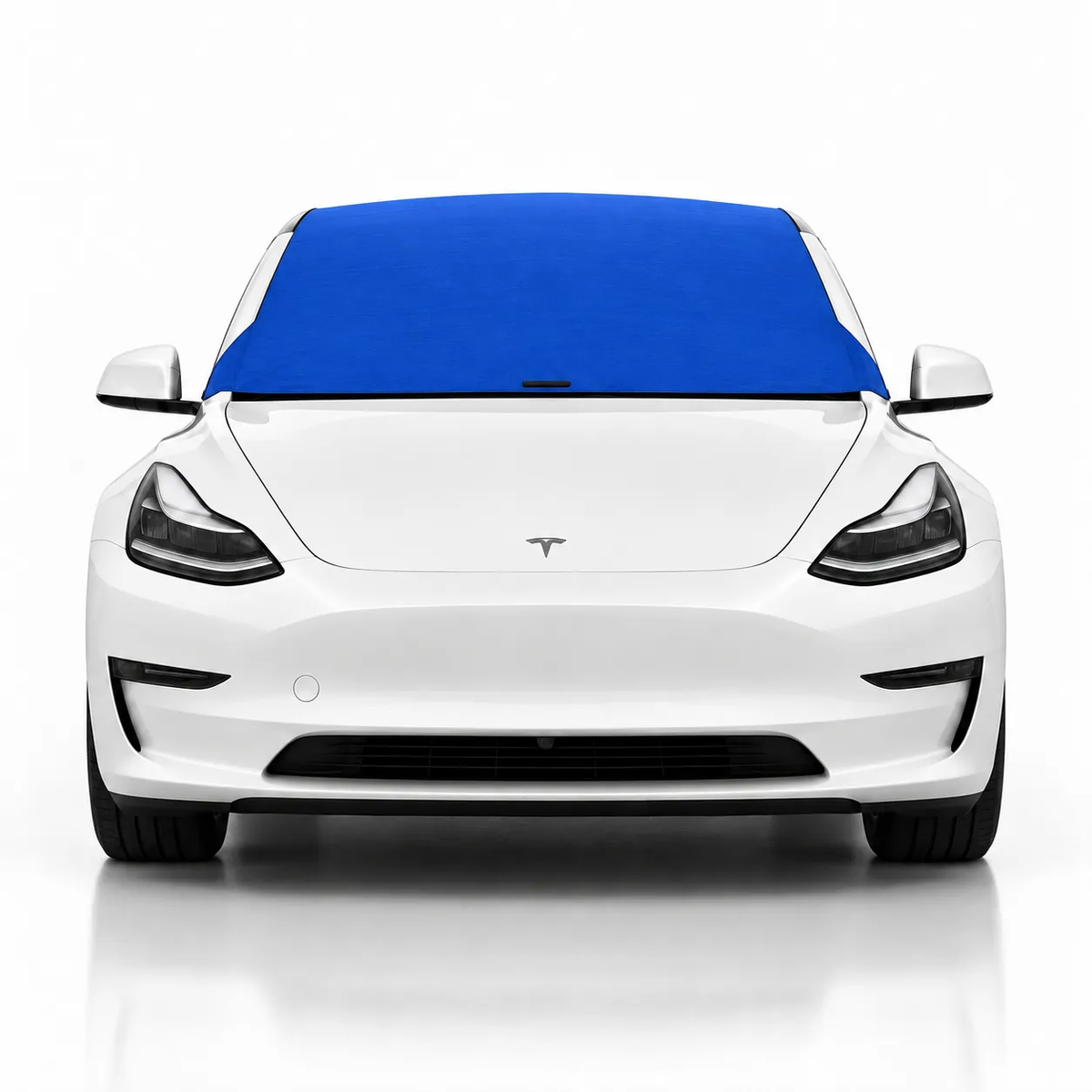 Front view of white Tesla Model 3 with blue solid color Solar Shield on windshield | Spider Web Shade