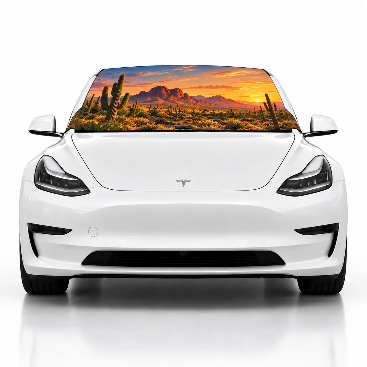 Front view of white Tesla Model 3 with Desert Glow print (desert sunset with saguaro cacti) Solar Shield on windshield | Spider Web Shade