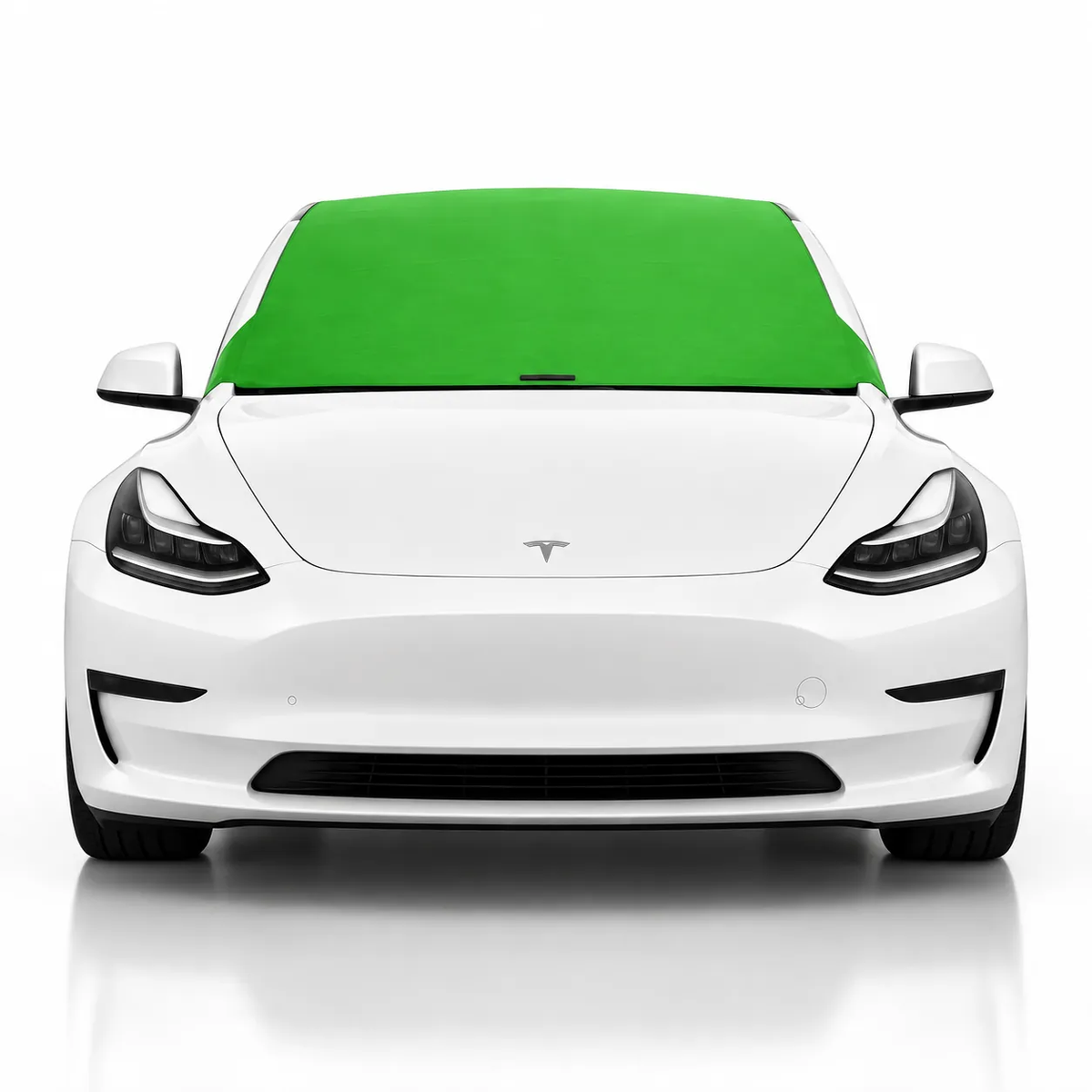 Front view of white Tesla Model 3 with green solid color Solar Shield on windshield | Spider Web Shade