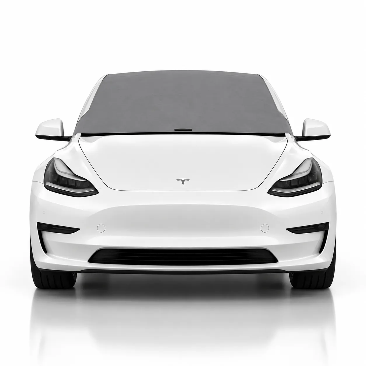Front view of white Tesla Model 3 with gray solid color Solar Shield on windshield | Spider Web Shade