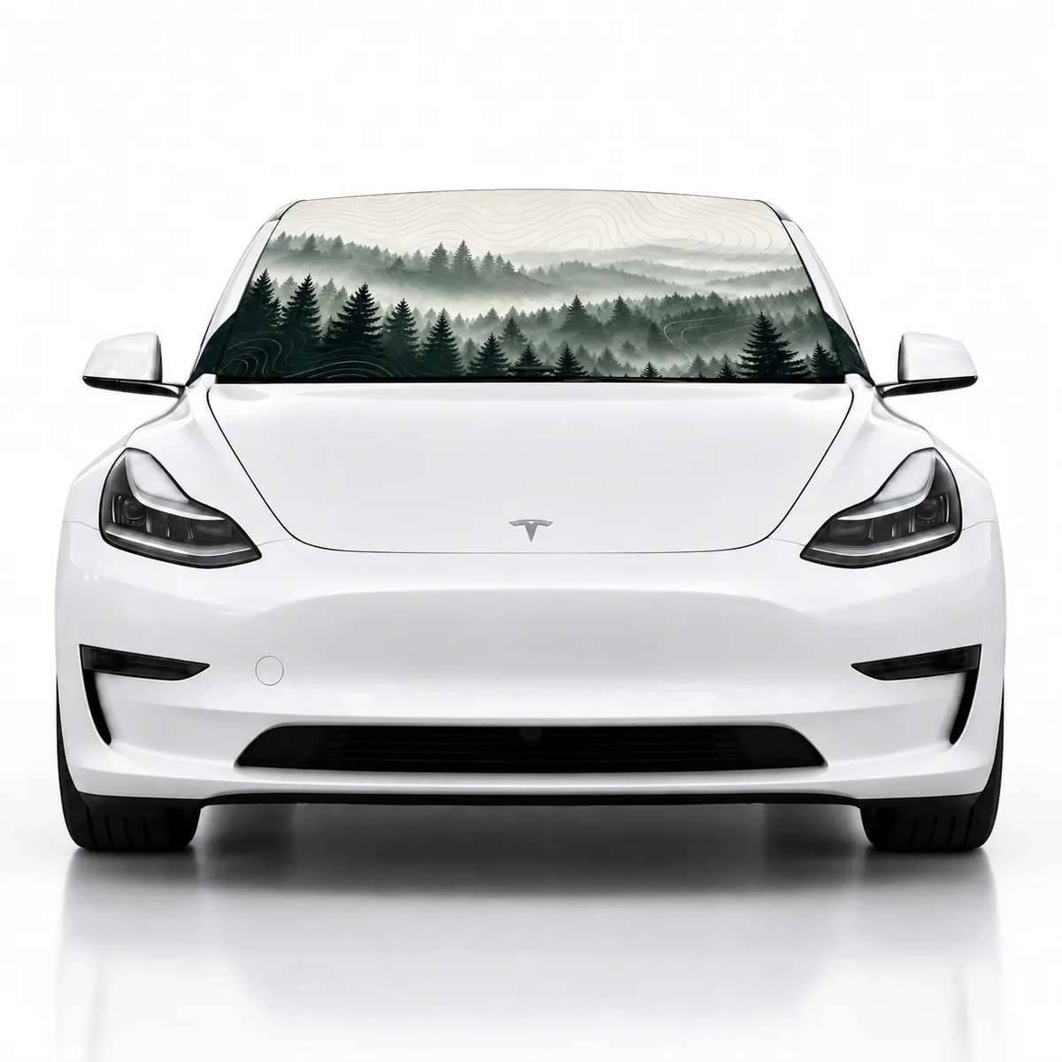 Front view of white Tesla Model 3 with Misty Pines print (misty pine forest) Solar Shield on windshield | Spider Web Shade
