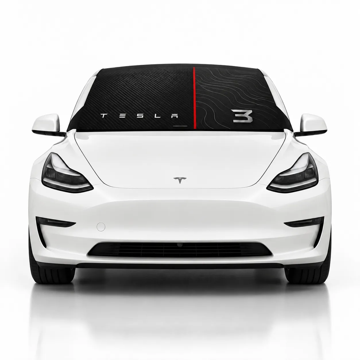 Front view of white Tesla Model 3 with Model 3 Carbon Fusion print (black carbon pattern with red center stripe, Tesla wordmark and 3 badge) Solar Shield on windshield | Spider Web Shade