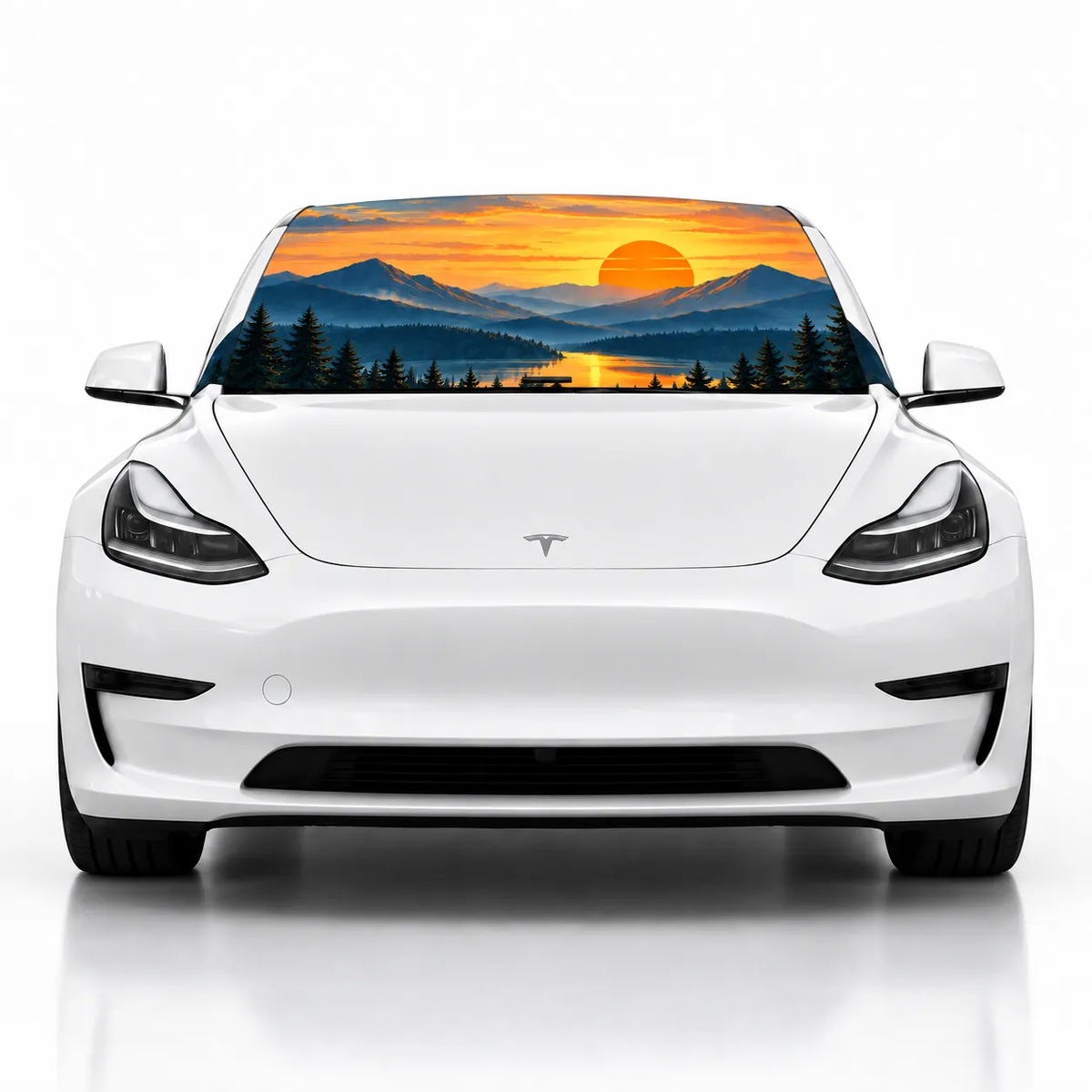 Front view of white Tesla Model 3 with Mountain Sunset print (mountains and lake at sunset) Solar Shield on windshield | Spider Web Shade
