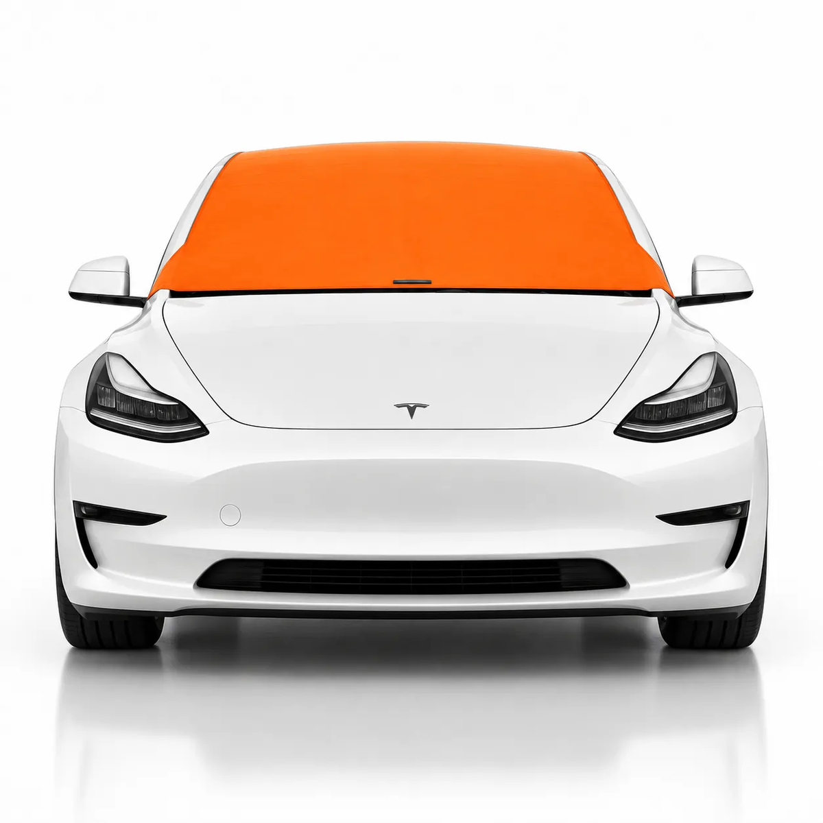 Front view of white Tesla Model 3 with orange solid color Solar Shield on windshield | Spider Web Shade