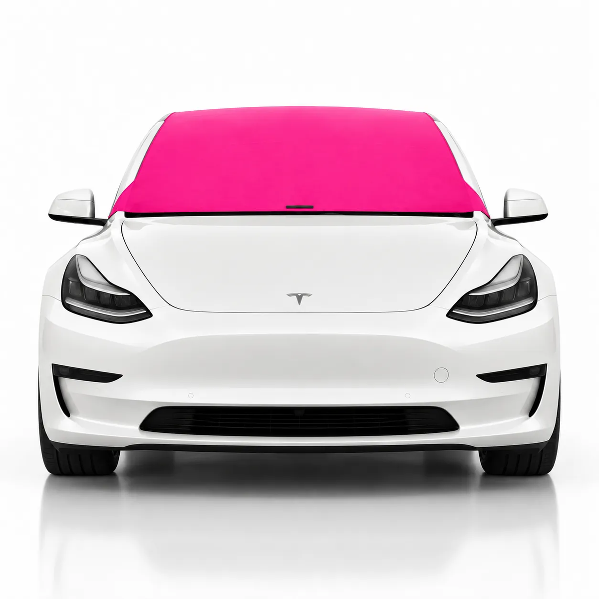 Front view of white Tesla Model 3 with pink solid color Solar Shield on windshield | Spider Web Shade