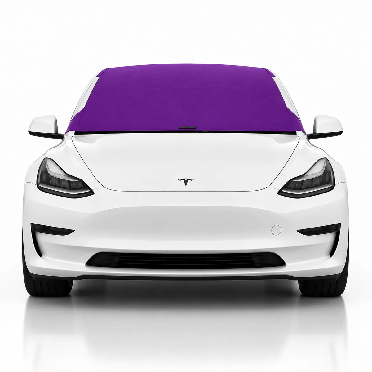 Front view of white Tesla Model 3 with purple solid color Solar Shield on windshield | Spider Web Shade