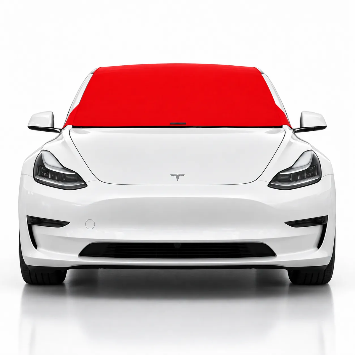 Front view of white Tesla Model 3 with red solid color Solar Shield on windshield | Spider Web Shade