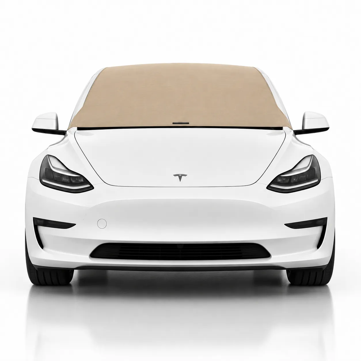 Front view of white Tesla Model 3 with tan solid color Solar Shield on windshield | Spider Web Shade