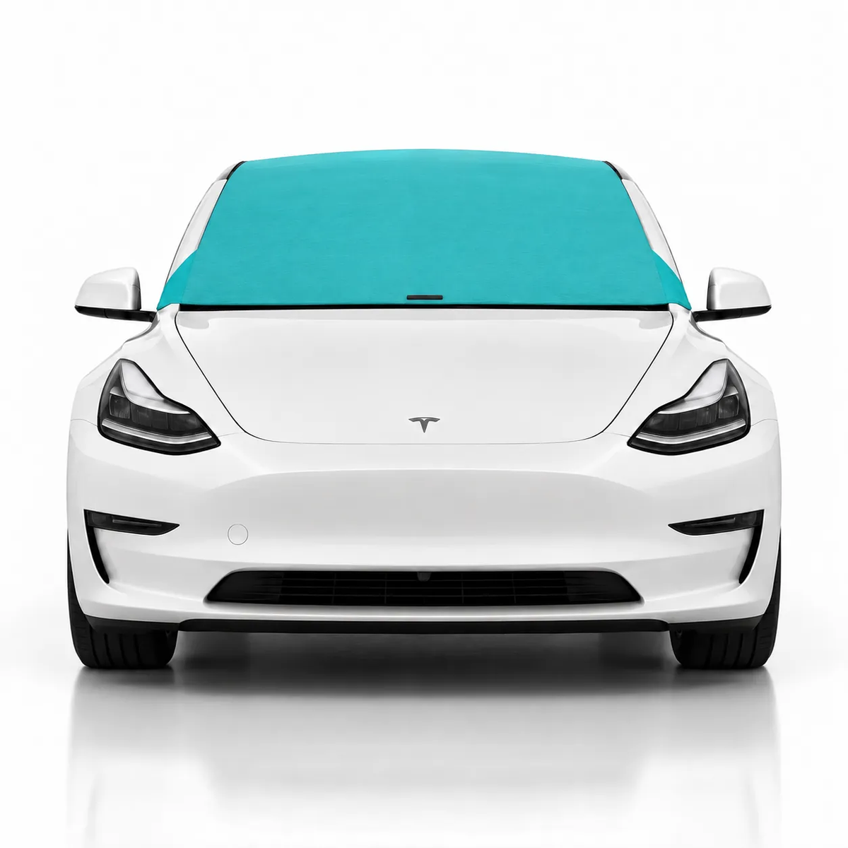 Front view of white Tesla Model 3 with teal solid color Solar Shield on windshield | Spider Web Shade