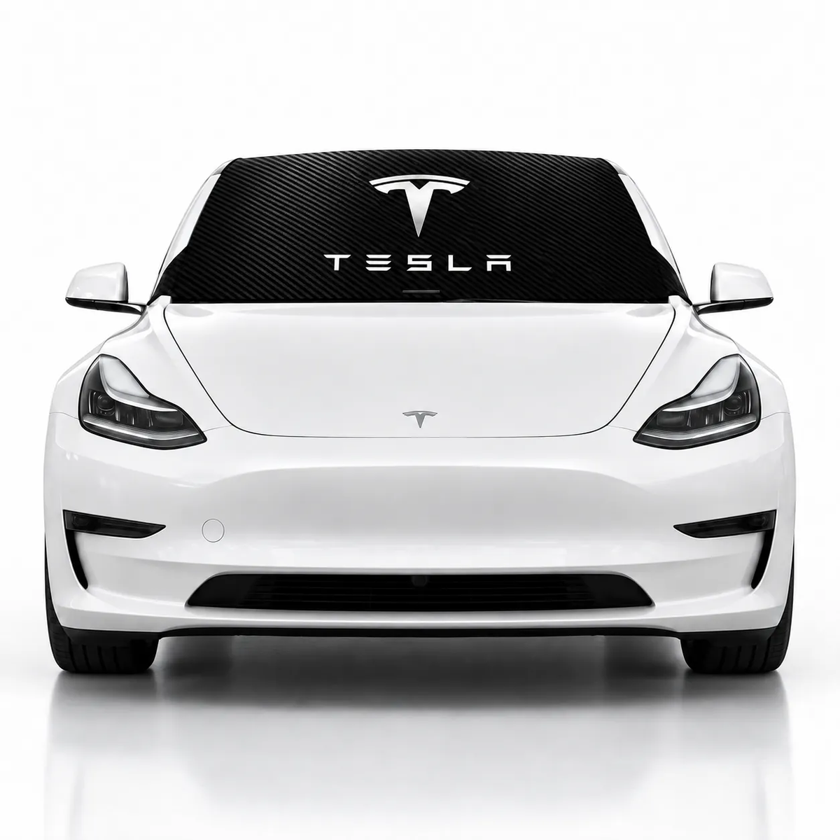 Front view of white Tesla Model 3 with Tesla Carbon Edition print (black carbon pattern with Tesla logo and wordmark) Solar Shield on windshield | Spider Web Shade