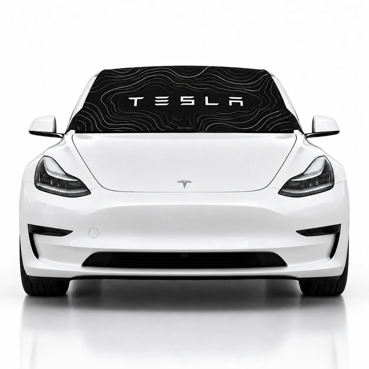 Front view of white Tesla Model 3 with Tesla Topo Edition print (black topographic pattern with Tesla wordmark) Solar Shield on windshield | Spider Web Shade