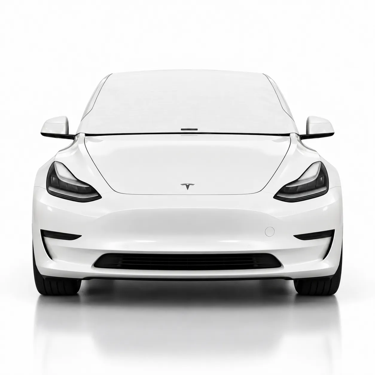 Front view of white Tesla Model 3 with white solid color Solar Shield on windshield | Spider Web Shade
