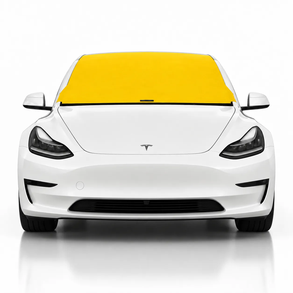 Front view of white Tesla Model 3 with yellow solid color Solar Shield on windshield | Spider Web Shade