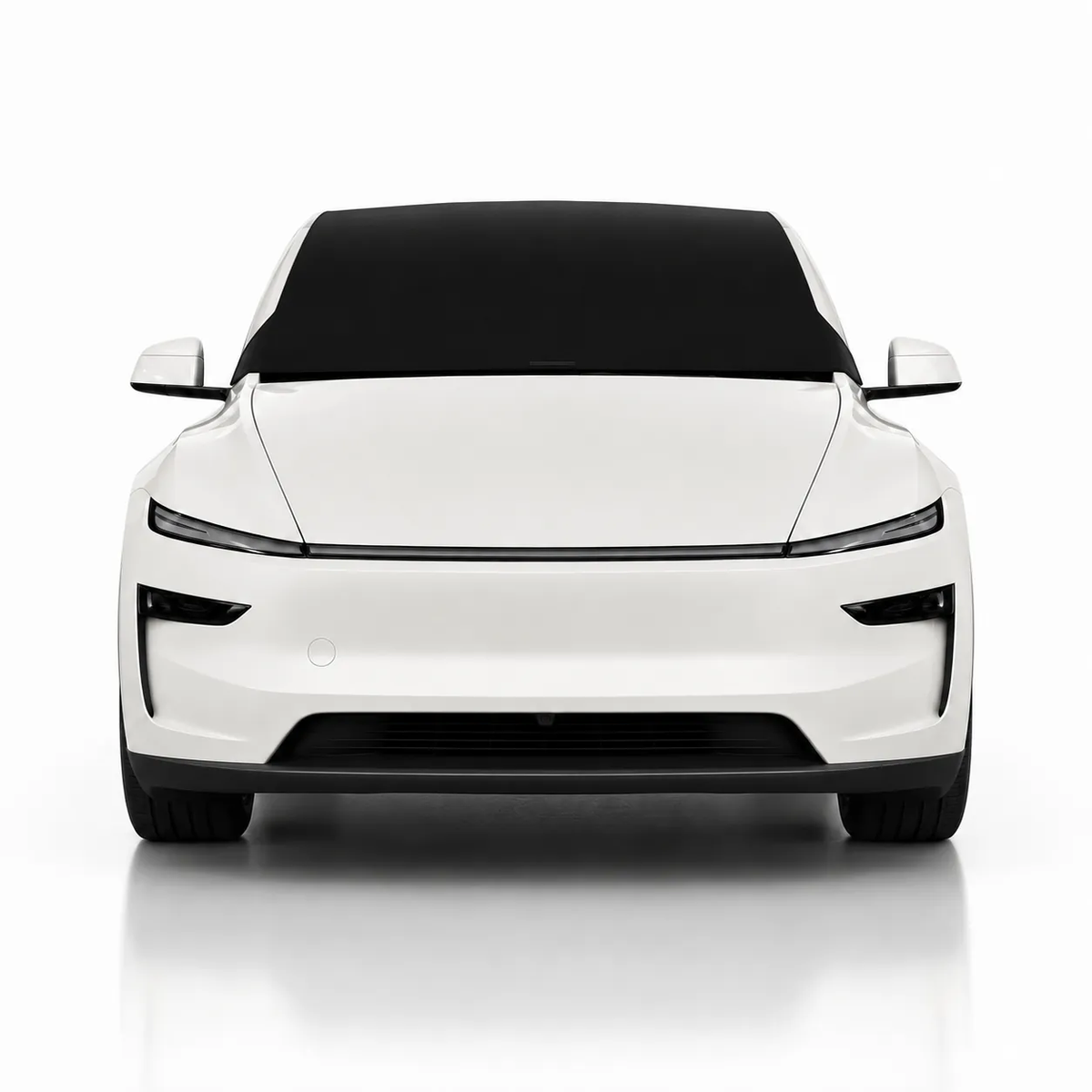 Front view of white Tesla Model Y with black solid color Solar Shield on windshield | Spider Web Shade