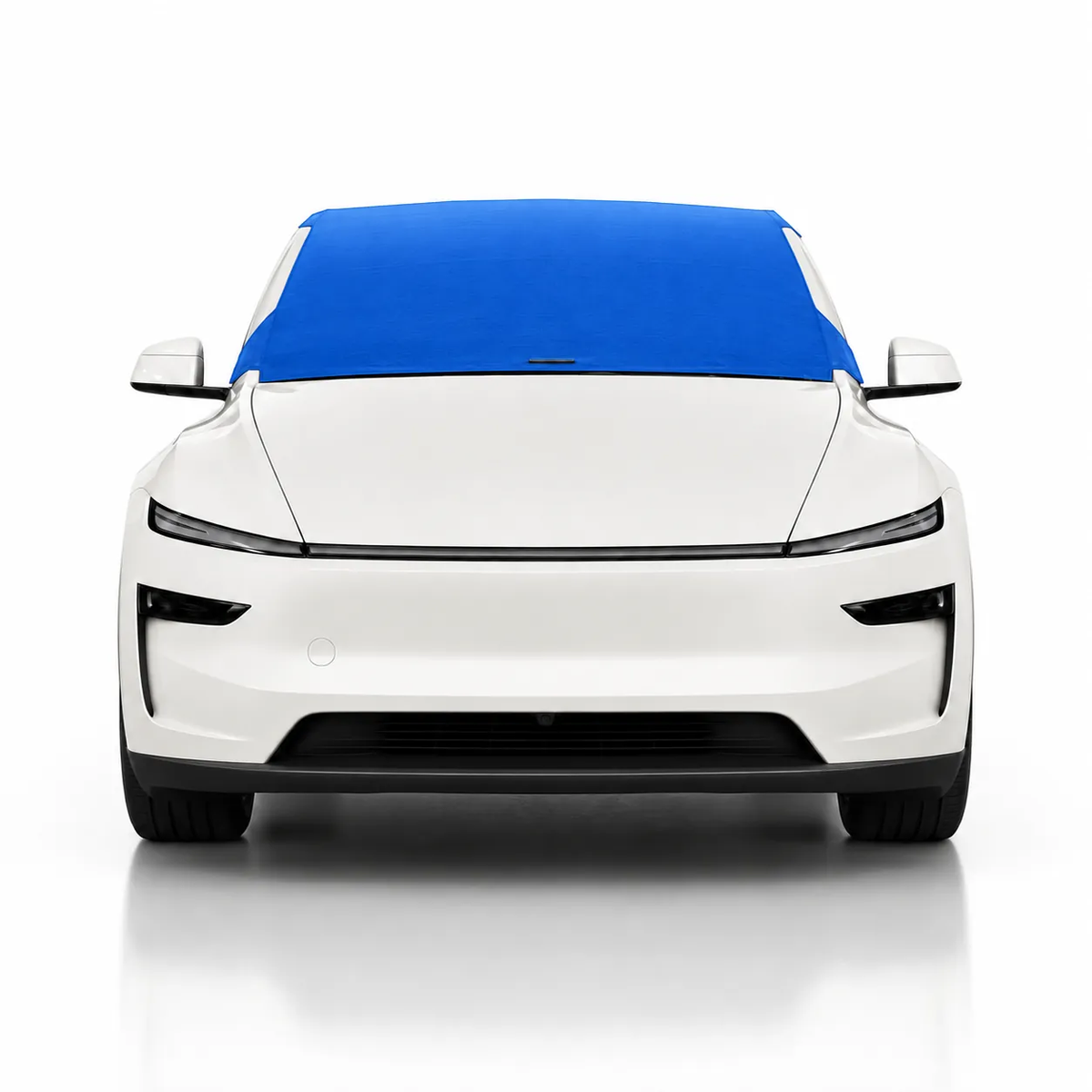 Front view of white Tesla Model Y with blue solid color Solar Shield on windshield | Spider Web Shade