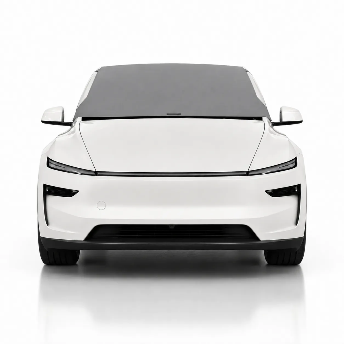 Front view of white Tesla Model Y with gray solid color Solar Shield on windshield | Spider Web Shade