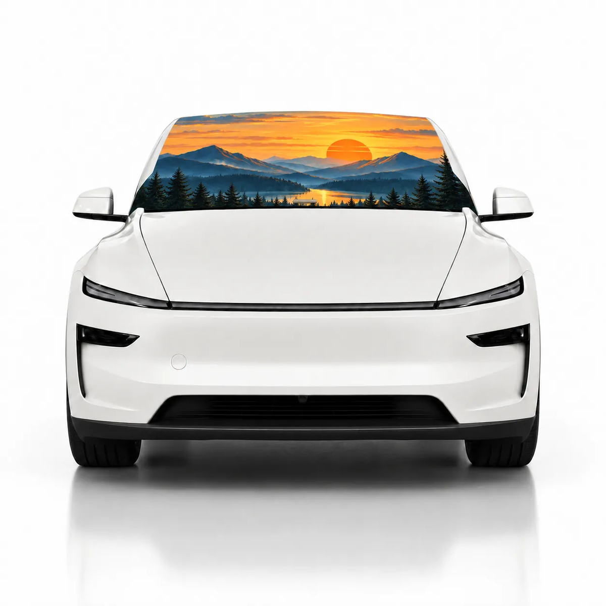Front view of white Tesla Model Y with Mountain Sunset print (mountains and lake at sunset) Solar Shield on windshield | Spider Web Shade