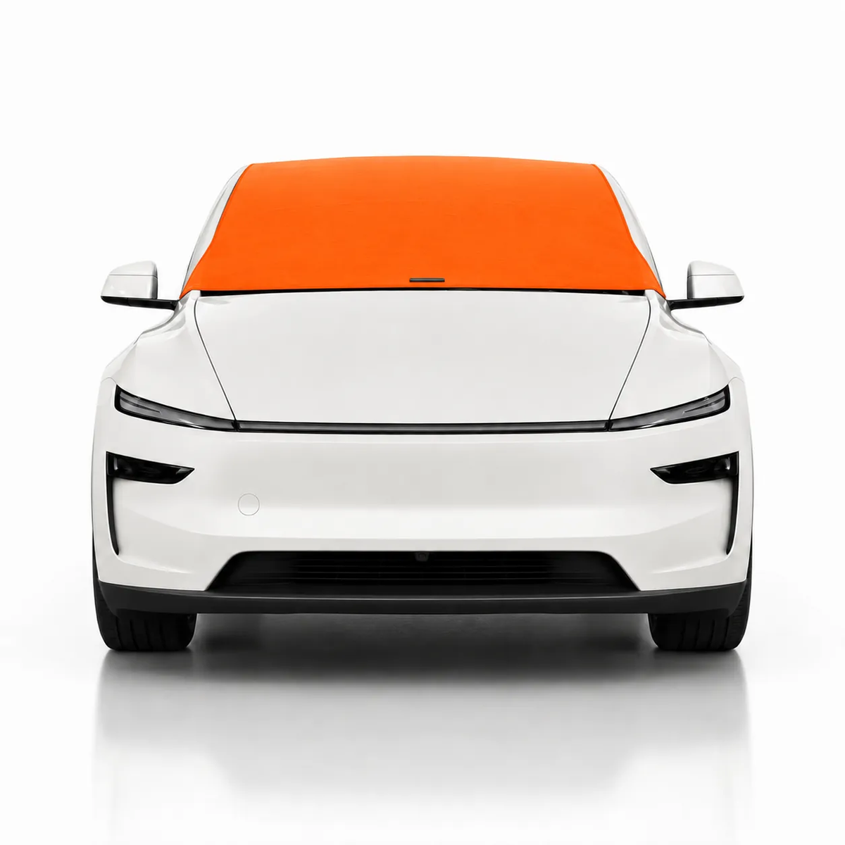 Front view of white Tesla Model Y with orange solid color Solar Shield on windshield | Spider Web Shade