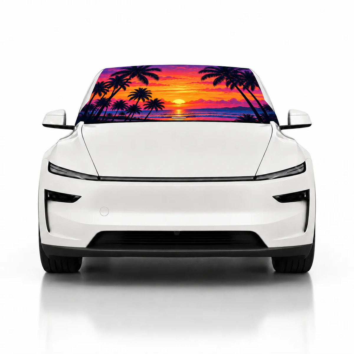 Front view of white Tesla Model Y with Paradise Sunset print (palm trees at sunset) Solar Shield on windshield | Spider Web Shade