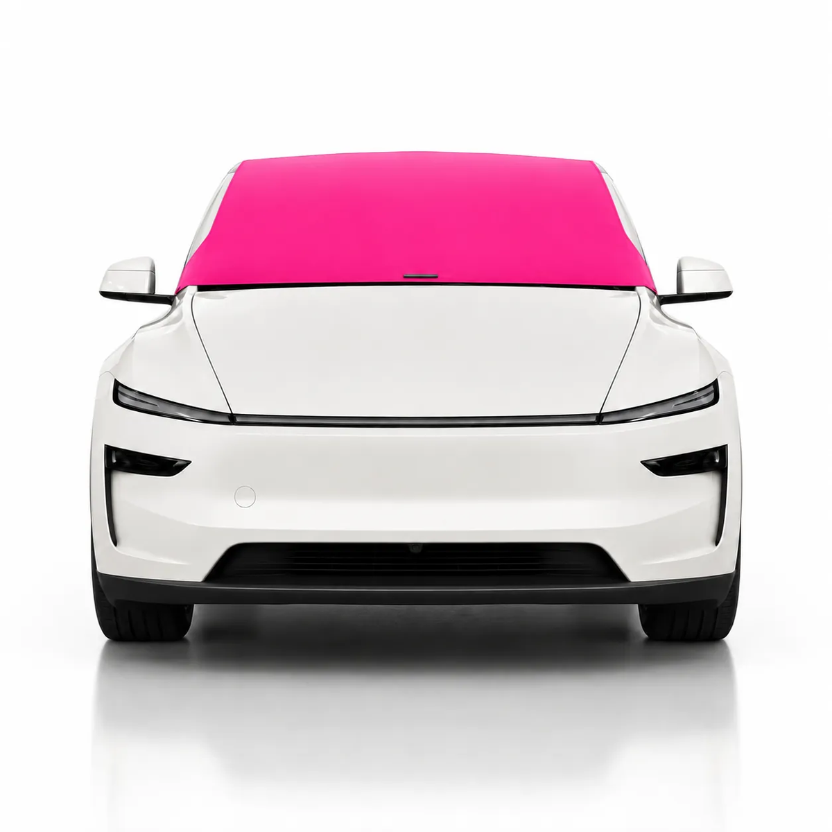 Front view of white Tesla Model Y with pink solid color Solar Shield on windshield | Spider Web Shade