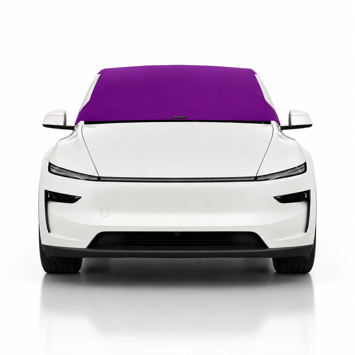 Front view of white Tesla Model Y with purple solid color Solar Shield on windshield | Spider Web Shade