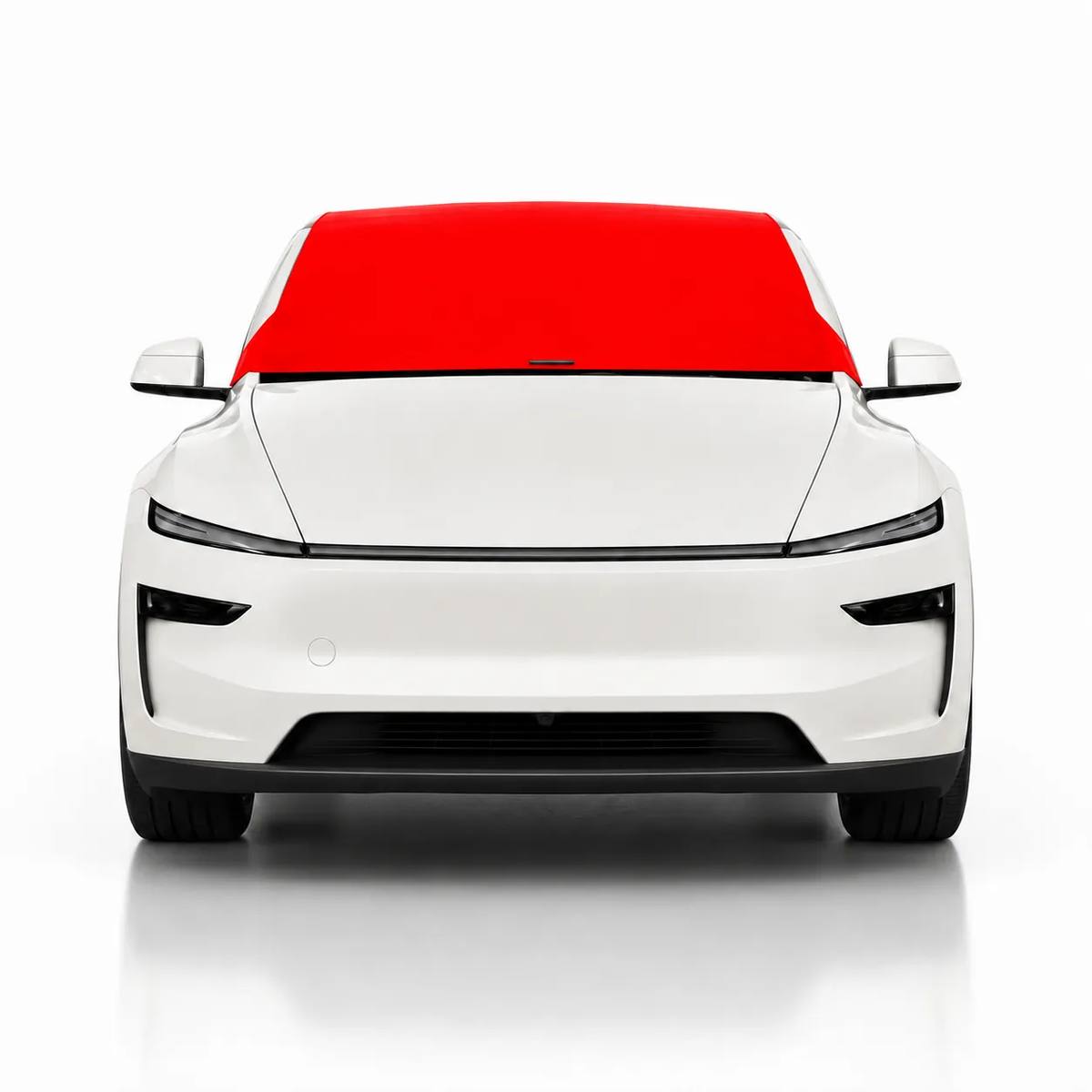 Front view of white Tesla Model Y with red solid color Solar Shield on windshield | Spider Web Shade