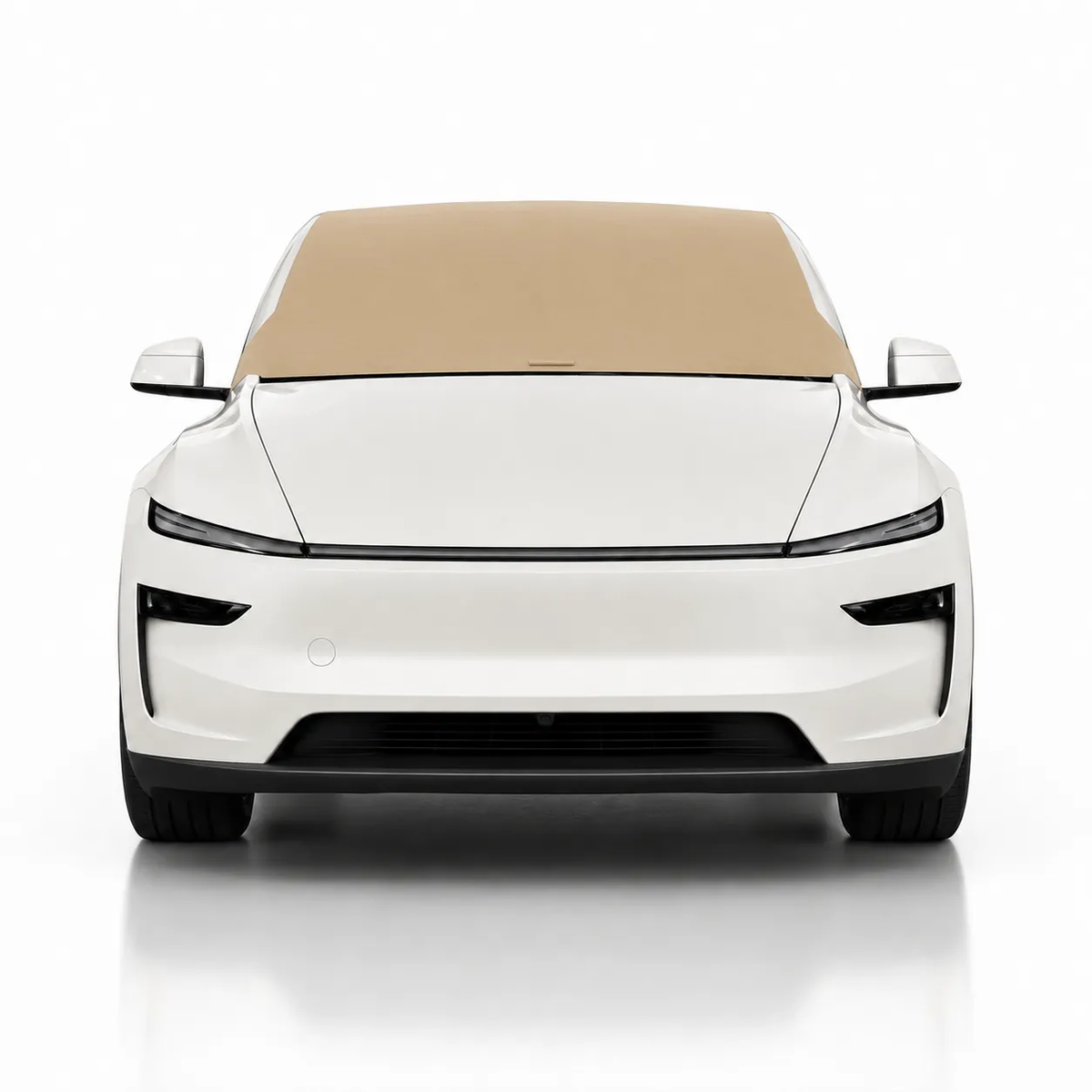 Front view of white Tesla Model Y with tan solid color Solar Shield on windshield | Spider Web Shade
